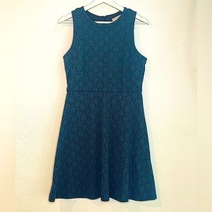 Loft, shift dress. Soft, retro style and pattern. Blue, black textured print.